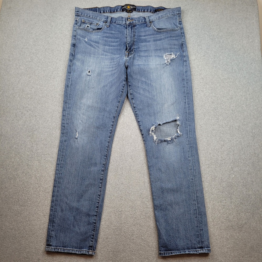 Lucky Brand 410 Athletic Fit Mens 36x32 Blue Distressed Tapered Leg Jeans
